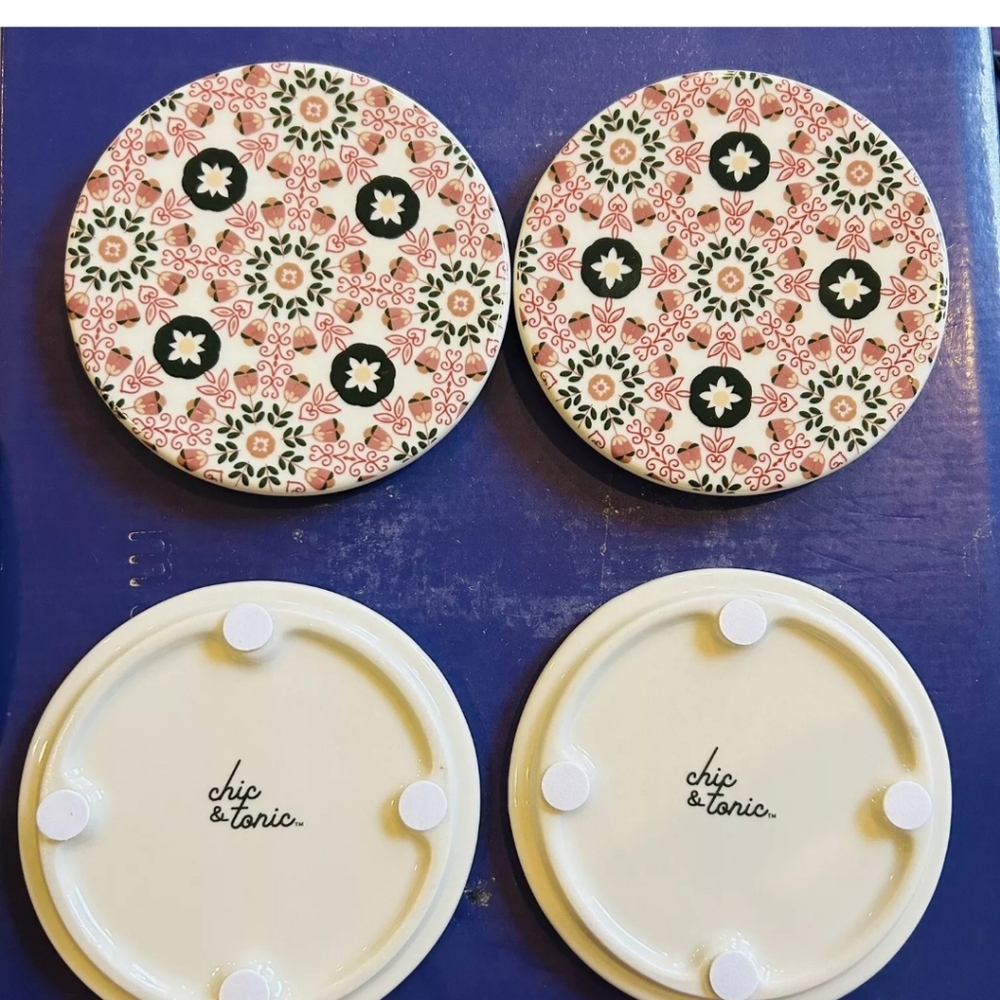 Chic & Tonic - Set Of 4 Coasters - Vintage Print - Stoneware - Brand New